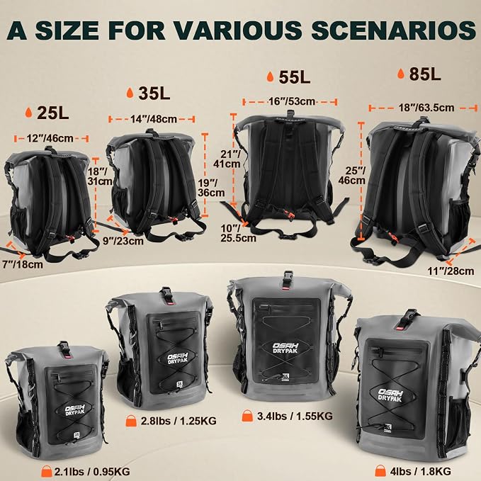OSAH DRYPAK Waterproof Backpack Dry Bag 35L/55L/85L – Heavy Duty Roll-Top Hiking Backpack for Travel, Kayaking, Boating, Camping, Rafting and Fishing