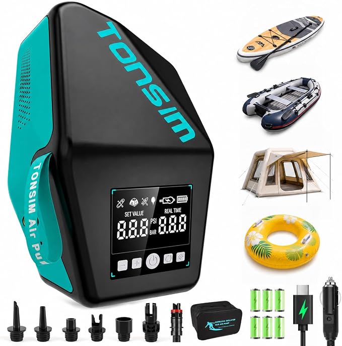 Tonsim Electric Paddle Board Pump Rechargeable 20 PSI, 15600mAh Cordless SUP Pump with 4 Modes, Dual-Stage Inflation & Deflation, Auto-Off, 12V DC Car Connector, LED Light, Black