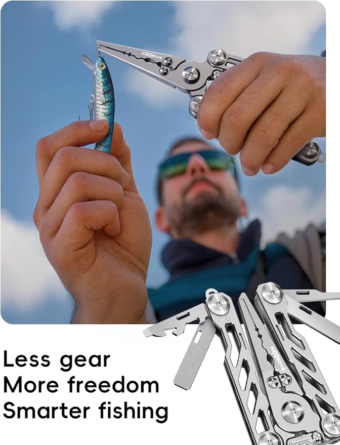 HOOK-EZE Fishing Knot Tying Tool, HOOK-EZE Folding Fishing Pliers, 5-in-1 Saltwater Resistant Multitool with Tungsten Line Cutters