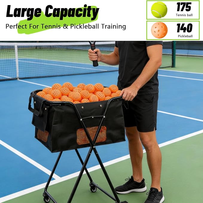 Tennis Ball Hopper Cart with 4 Wheels，Foldable Large Capacity Pickleball Tennis Ball Collector for Court Training, Coaching