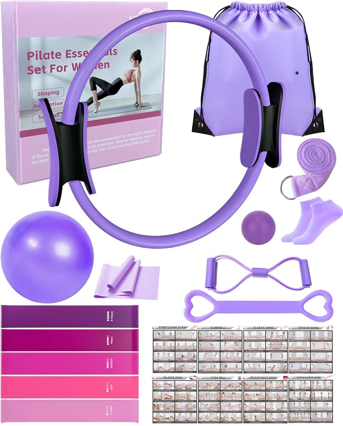 KABCON Pilates Kit for Home, Women Beginners Workout Essentials Set | 13" Ring, 9.8" Ball, Resistance Bands & Guide, 13/14/16 PCS Compact Pilates Equipment