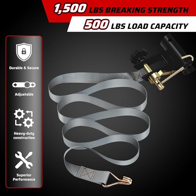 Rack Straps with J-Hook (4PK),1.5" x7.5' Ladder Rack Ratchet Straps, 2" Round Tube Mount, Perfect Ladder Rack Tie-Downs for Trailer Cargo Control