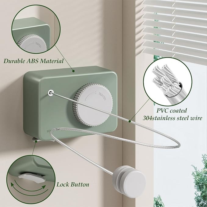 Danpoo Retractable Clothesline Heavy Duty - 13.8ft Adjustable Tension Wall Mounted Indoor Outdoor Clothes Drying Line, Compact Laundry Rope with Pulley System(Green)