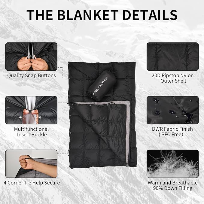 Down Camping Blanket - Lightweight, Packable, Warm & Puffy Outdoor Travel Quilt for Sleep, Hiking, Backpacking, Stadium, Festivals, Water-Resistant Sleeping Bag 55"x79"