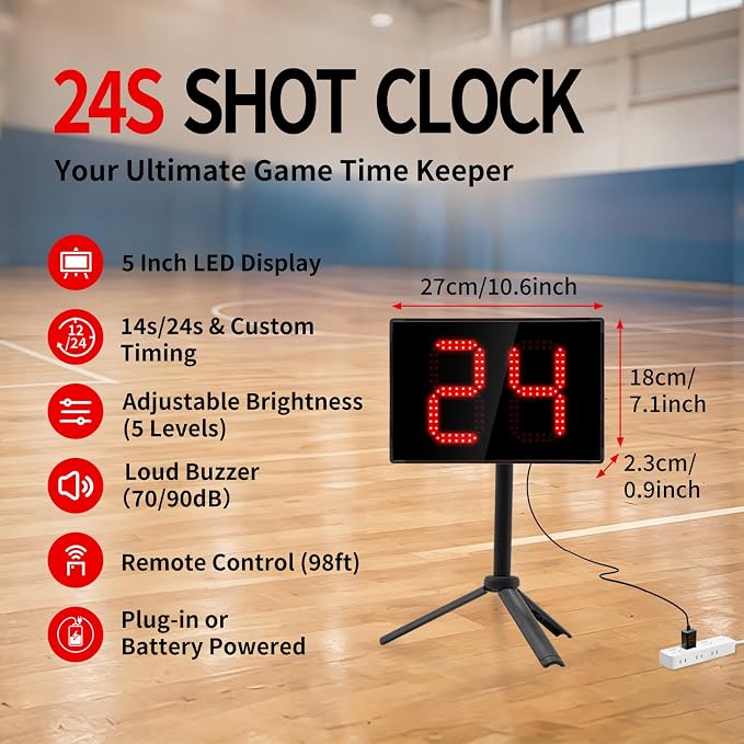 Basketball Shot Clock with Tripod & Remote Control - 98ft Range | LED Countdown Timer, 5-Level Brightness, Adjustable Buzzer, Battery or Plug-in, 12/24/25/30/35/40 Seconds for Coach & Referee