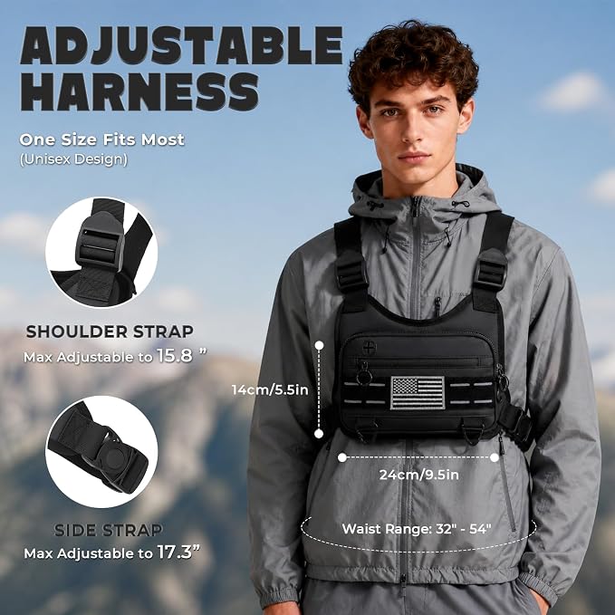 Muserise Sports Chest Bag For Men, Water Resistant Lightweight Front Running Vest Bag With Built-In Phone Holder & Extra Storage For Workouts, Cycling (Black)