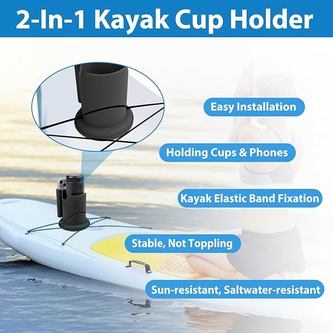Paddleboard Cup Holder, Paddle Board and Kayak Drink Holder, 2-in-1 Drink & Phone Holder, Paddleboard Accessory for Surfboards, Canoes, SUPs, Kayaks, Boats (Black)