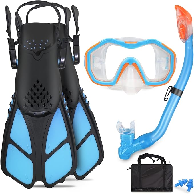 Kids Snorkeling Set - Adjustable Flippers + Panoramic Snorkel Mask + Dry Snorkel Tube + Travel Bags - Suitable for Kids & Juniors, Age 5-14