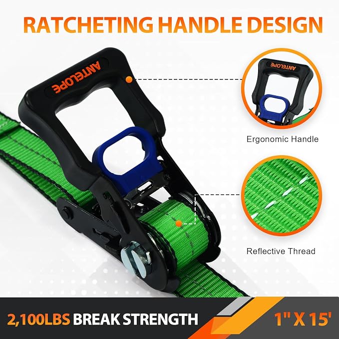 Ratchet Tie Down Straps Set, 2100 LBS Breaking Strength, 4 Pack 1" x 15' Heavy Duty Ratchet Straps, Cargo Strap, Motorcycle Straps for Trucks, Bicycle, Kayak, Moving, Tie Downs with S Hooks, Green