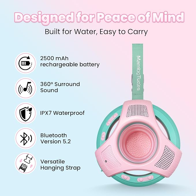 Mambobaby Float Bluetooth Speaker with Foldable Cup Holder, IPX7 Waterproof Bathroom Speaker, 360° Surround Sound, Colorful LED Lights, Dual Speakers, Ideal for Pool, Beach & Outdoor Use-Pink Green