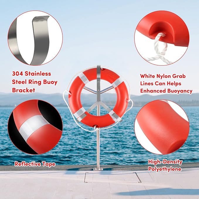 Life Ring for Boating Safety - 23" and 28" Boat Safety Throw Rings with Reflective Strip and Grab Lines