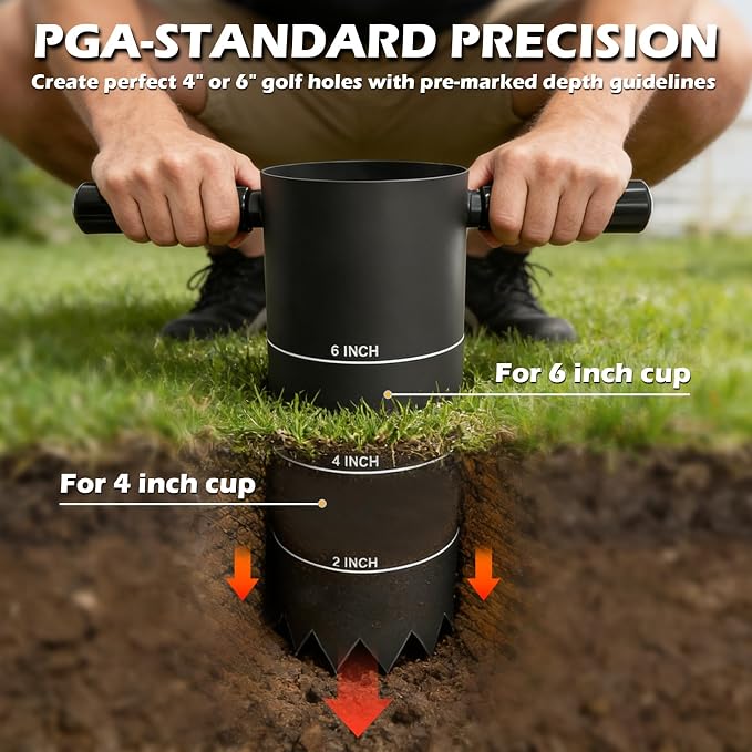 Portable Golf Hole Cutter with Detachable Handle, USGA Standard 2/4/6 Inch Hole Digger Kit – Includes Golf Cup Covers & Built-in Soil Ejector – Ideal for Backyard, Lawn, Garden Putting Green Practice