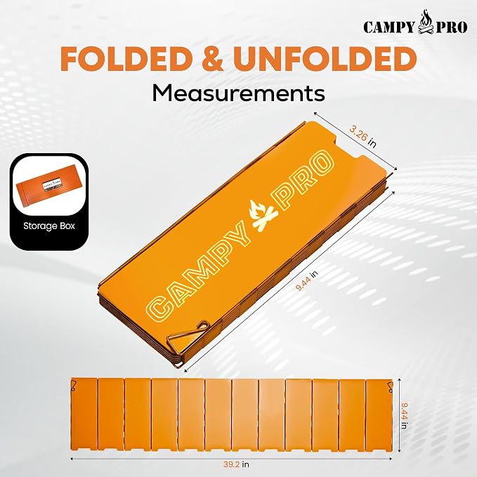 Orange Camping Stove Windscreen, 12-Plates Premium Aluminum Wind Guard Shield, Foldable Portable Design with Storage Box, Heavy-Duty, Butane Burner Windshield for Outdoor Cooking