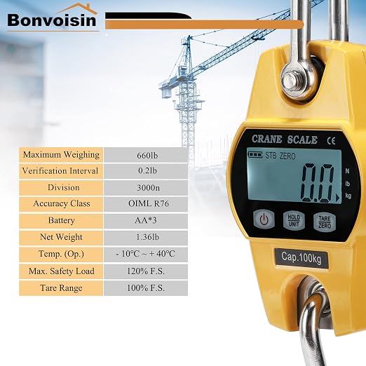 Bonvoisin Mini Digital Crane Scale 300kg/600lbs Industrial Hanging Scale Portable Electronic Weighing Crane Scale LCD Display CE/RoHS Certified (300kg/660lb)