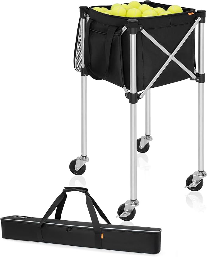 Foldable Tennis Ball Cart Holds 180 Balls Wheeled Tennis Ball Hopper Sports Teaching Carts with Storage Bag, Light Auminum Alloy