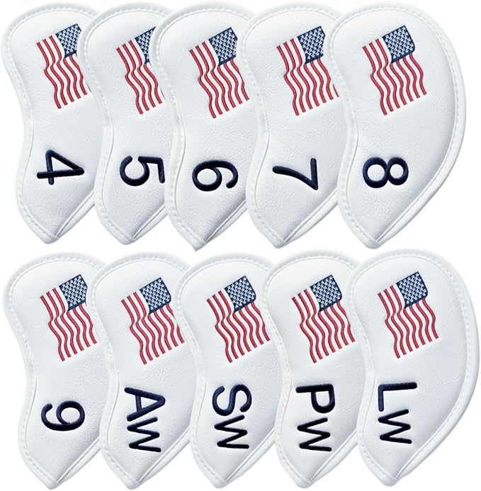 Patriotism US Flag Golf Iron Covers Premium Leather Iron Head Covers Set Headcover 4 5 6 7 8 9 PW SW AW LW Wedge Iron Club Covers fits for Most Brands