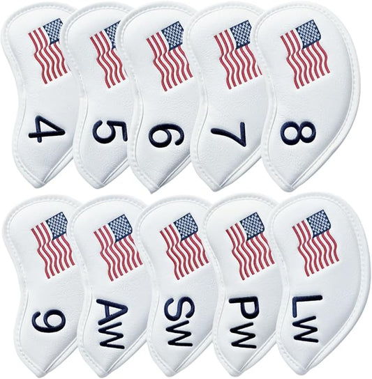 Patriotism US Flag Golf Iron Covers Premium Leather Iron Head Covers Set Headcover 4 5 6 7 8 9 PW SW AW LW Wedge Iron Club Covers fits for Most Brands