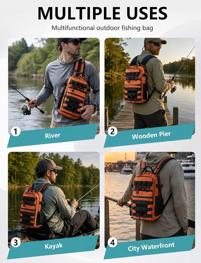 2 in 1 Compact Tactical Fishing Backpack with Tackle Boxes, Lightweight Waterproof Tackle Bag Fit 2 * 3600 Tackle Boxes, 2 Rod Holders Storage, Fishing Accessories Gift for Men Orange