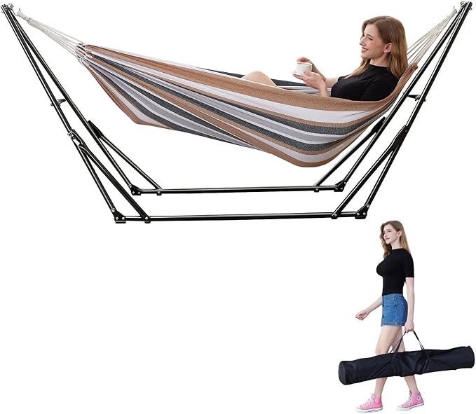 Hammock with Foldable Steel Stand,Frabic Tension Adjustable Indoor,Carrying Bag Included, 616 lbs Weight Capacity, Portable Suitable for Outside Garden Yard Outdoor Inhouse Yellow
