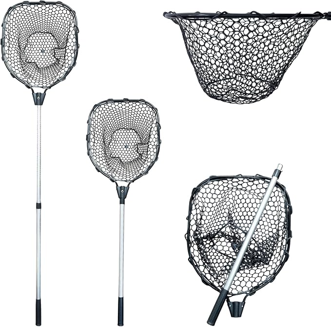 MASTERPRO Heavy-Duty Extendable Rubber Big Landing Nets, Maximum Load 44lbs, Silicone Fishing Net, with 47'' - 66'' Telescoping Aluminum Alloy Pole Handle for Saltwater Large Fish