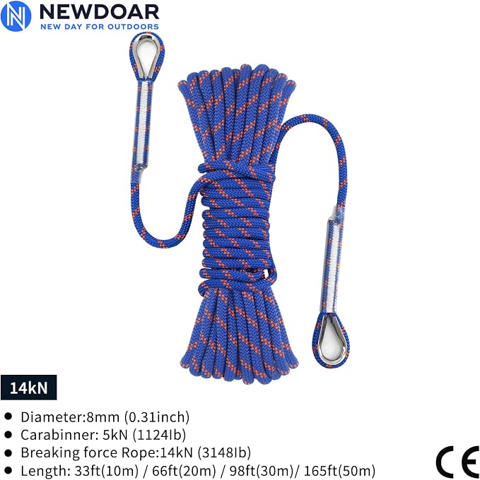 NewDoar 14KN Static Climbing Rope 8mm(5/16in) Accessory Cord Equipment 33FT(10M) 66FT(20M) 98FT(30M) 165FT(50M) Escape Rope with 2 Carabiners for Ice Climbing Equipment Fire Rescue Rope-Blue/20M