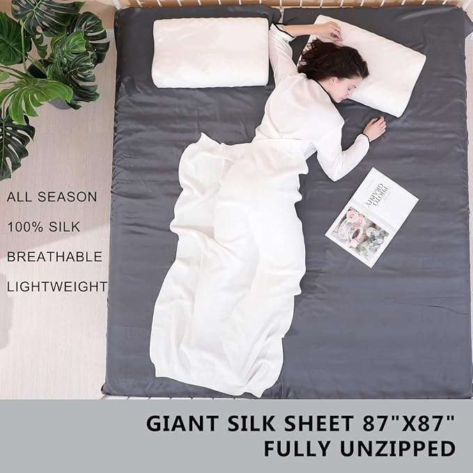 100% Silk Sleep Sack with Zippers on 3 Sides, 87”x43” Large Sleeping Liners for Hotels, Travel & Camping, Multifunctional Travel Sheets (Unzipped:87”x87”) for Adults, Lightweight, All Seasons