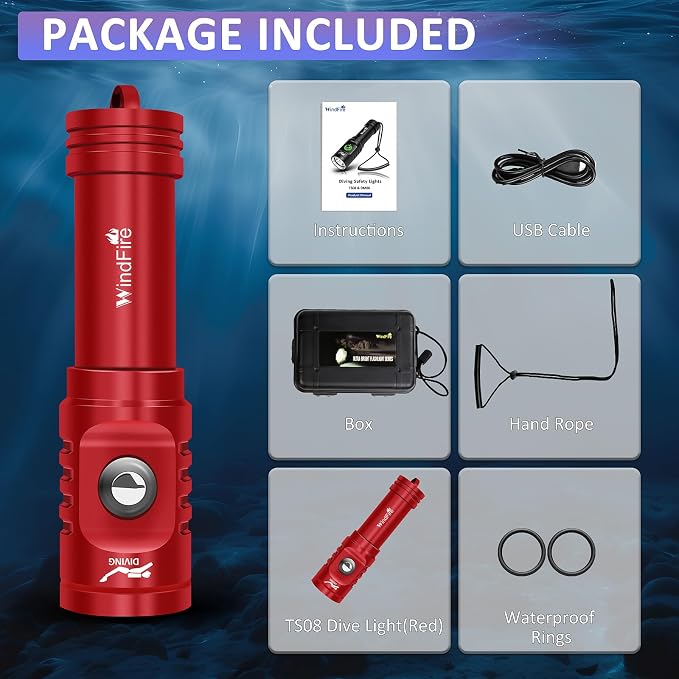 WINDFIRE TS08 Dive Light Super Bright, Scuba Flashlight Rechargeable, IP68 Waterproof 197 ft Depth Underwater Flashlight, 3 Modes & Power Indicator, Snorkeling Torch for Night Diving