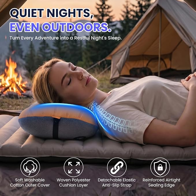Inflatable Camping Pillow - Ultralight Compact Air Pillow for Travel, Backpacking & Hiking - Ergonomic Neck & Lumbar Support - Portable Inflatable Pillow with Removable Washable Cover -(Orange 2 Pack)