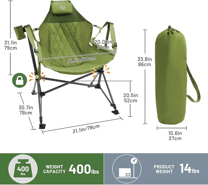 TIMBER RIDGE Oversized Hammock Camping Chair, Swinging Chair with Adjustable Back and Seat Height, Portable Folding Rocking Chair for Outdoor Lawn, Backyard and Patio, Supports 400lbs, Green, 2 Pack