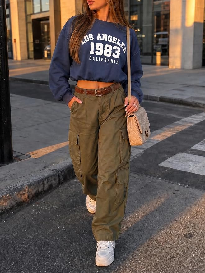 Flowyair Womens Crewneck Sweatshirt Los Angeles Elastic Waist Crop Tops | Long Sleeve, Loose Fit, Fall Spring, Pullover Tops, Round Neck, Elasticated Hem