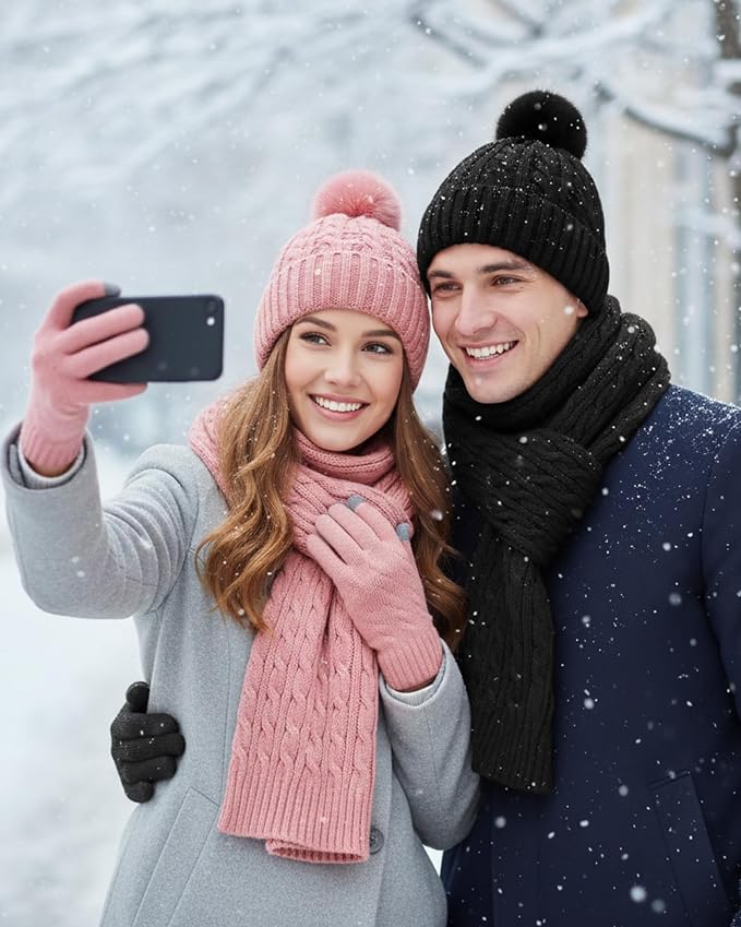 16 Pcs Women Hat Scarf Gloves Ear Muffs Set Winter Knitted Pom Beanie Hats Scarf Touch Screen Gloves for Men Adult Homeless