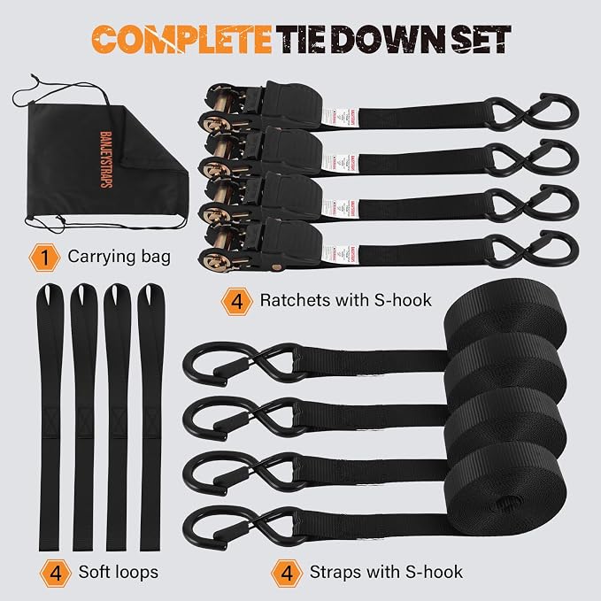 20FT Heavy Duty Ratchet Straps 4-Pack - 1 Inch 1750lb Break Strength Tie Downs for Flatbed Trailers & Large Equipment | Black Industrial Webbing Straps