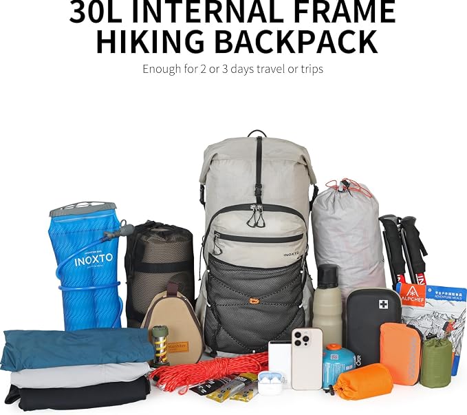 IX INOXTO Hiking Backpack for Men and Women, 30L Waterproof Camping Backpack with 3L Water Bladder and Rain Cover, Lightweight Outdoor Sport Travel Daypack Rucksack for Climbing Cycling (Light gray)