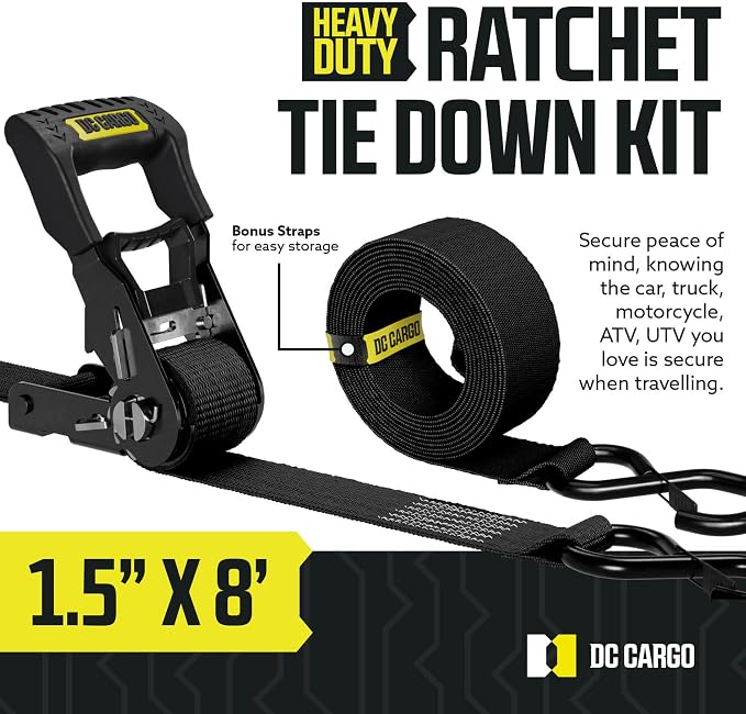 DC Cargo Mall Ratchet Straps Tie Downs 4 Pack (5,000 LB Break Strength) 1.5" x 8 Feet Tie Down Straps with Safety Lock S Hooks for Cargo, Trucks, Appliances, Moving