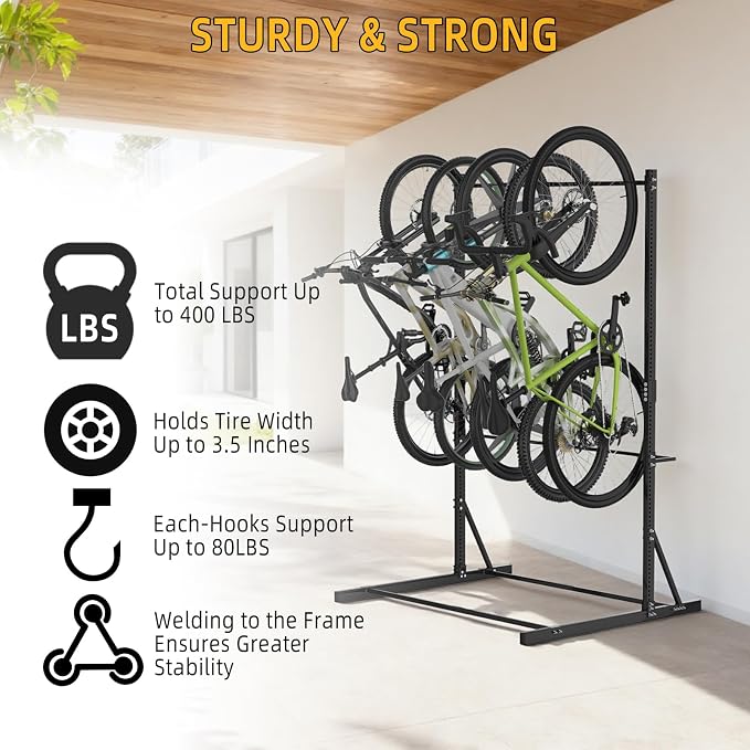 FAHKNS Freestanding Bike Rack for Garage: Hold Up to 5 Bicycle Vertical Bike Stand Floor Indoor Bike Storage Organizer Hangers for Garage