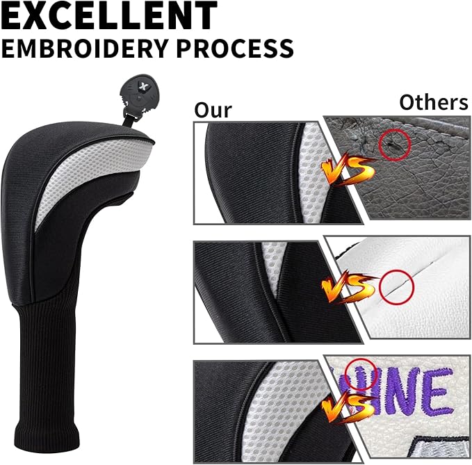 Golf Club Head Covers for Woods 3/4/5/6 Pieces Long Neck Mesh Sports Golf Club Headcovers Set with Interchangeable No. Tags 3 4 5 6 7 X Golf Accessories for Men Women