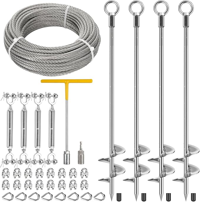 Ground Anchors Heavy Duty for High Wind Tie Down, 4 Pack 30" Shed Anchor Kit with1/4 Stainless Steel Cable & 4 Turnbuckles, Screw-in Trampoline Anchors for Swingset Carport Canopy Gazebo