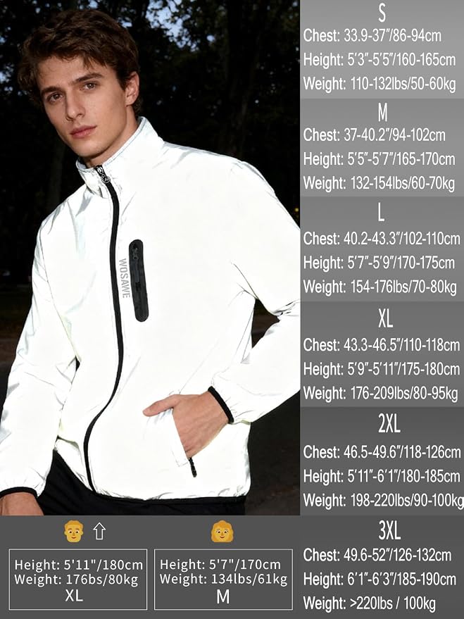 WOSAWE Men Reflective Jacket Night Glowing Bomber Jacket MTB Cycling Windbreaker Travel Sport Coat
