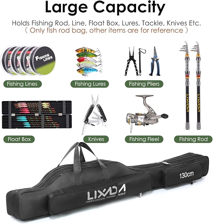 Lixada Fishing Rod Case, Portable Folding Fishing Rod Case Fishing Pole Reel Storage Bag Fishing Gears Organizer