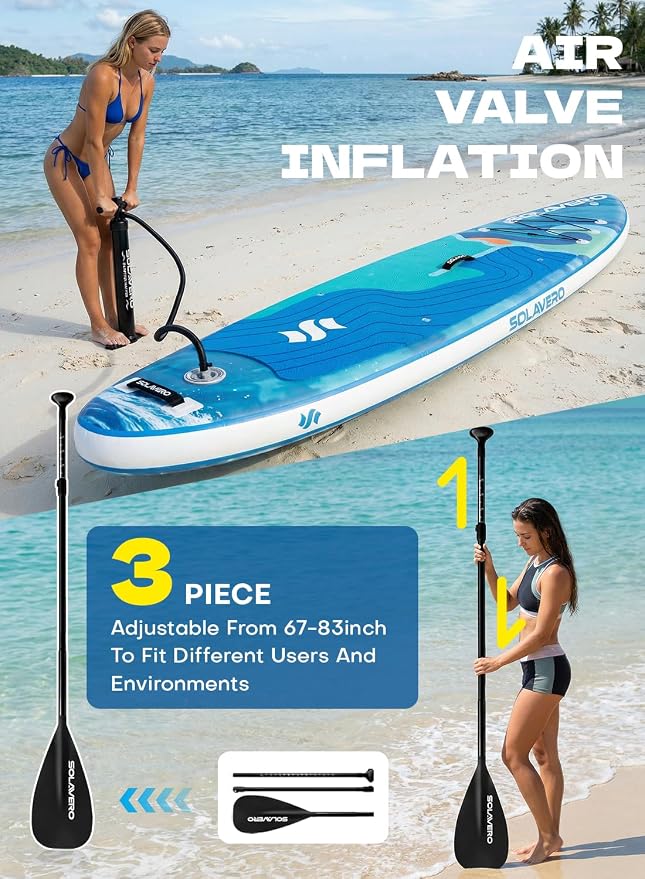 SOLAVERO Stand Up Paddle Board, 11‘ Inflatable SUP Supports 500LB - Wide Stable Board with Non-Slip EVA Deck for Adults & Youth of All Skill Levels