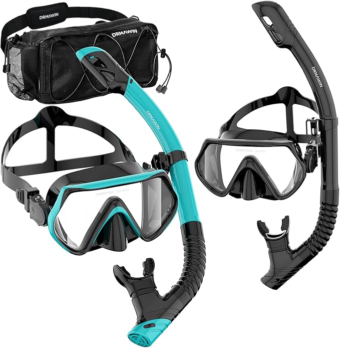 DRMAWIN Snorkeling Gear for Adults & Kids, Dry-Top Snorkel Set with 180° Tempered Glass Mask, Anti-Fog Anti-Leak, Travel Mesh Gear Bag