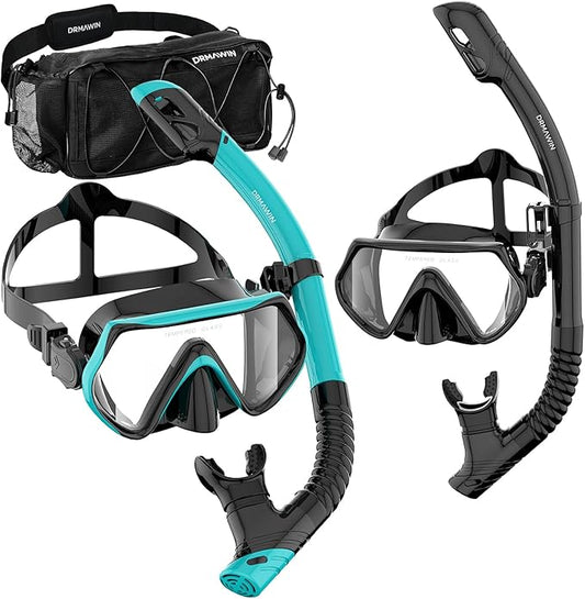 DRMAWIN Snorkeling Gear for Adults & Kids, Dry-Top Snorkel Set with 180° Tempered Glass Mask, Anti-Fog Anti-Leak, Travel Mesh Gear Bag