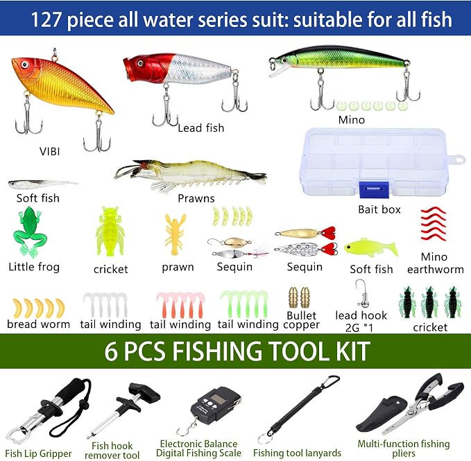 Seenelling 482 Pcs Fishing Tools Kit Fishing Accessories Kit Include Fish Hook Lures Hook Remover Lip Gripper Backpack for Men Women Gifts