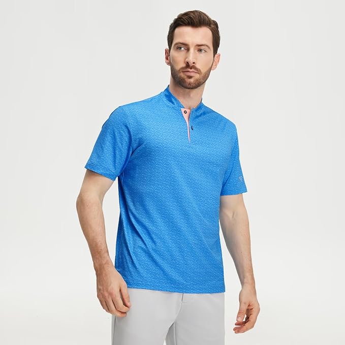 M MAELREG Golf Shirts for Men Collarless Performance Dry Fit Stretch Henley Casual Printed Mens Polo Shirts Short Sleeve
