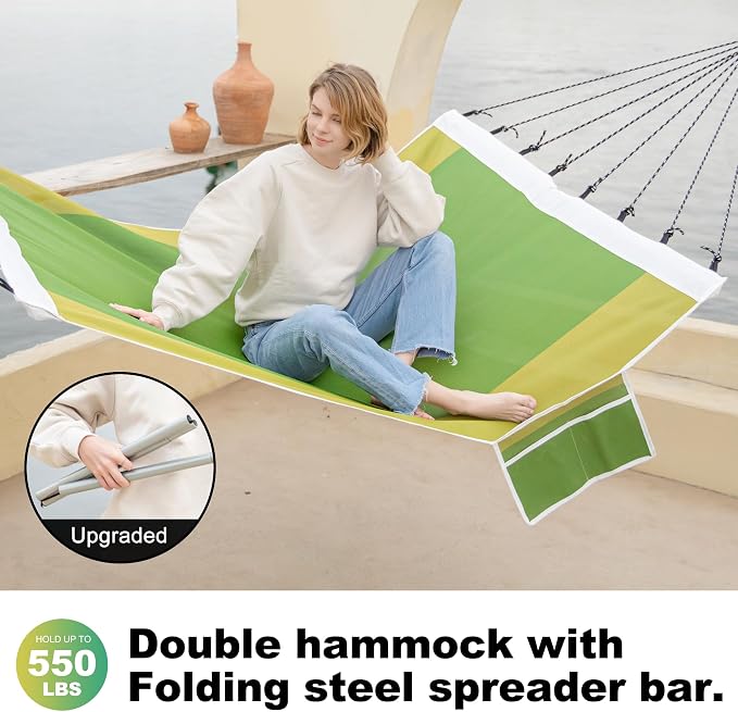 GAFETE 14ft 2 Person Hammock for Outside, Quick Dry Textilene, Portable Hammocks Without Stand with Folding Steel Spreader Bar, Carrying Bag, Tree Straps, Pillow & Sidebag, 550 lbs Capacity (Green)