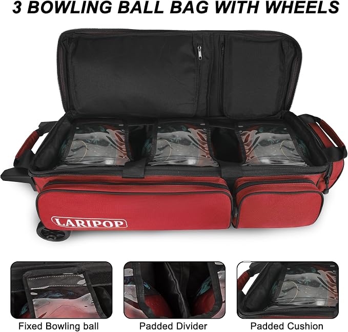 LARIPOP 3 Ball Bowling Bag with Wheels and Shoe Compartment, Rolling Bowling Bag for 3 Balls, Heavy Duty Bowling Roller Bag with Retractable Handle for Men Women