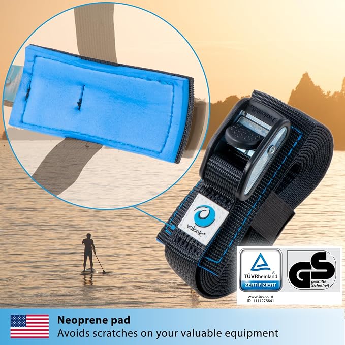 valonic Dolphin - tie Down Straps - 2 Pack, 6.5 ft x 1 inch, 2200 lbs, Protection pad, TÜV Rheinl. Certified, Protection padcam Buckle - for roof Rack, Surfboard, Kayak, Boat and Bike, Black