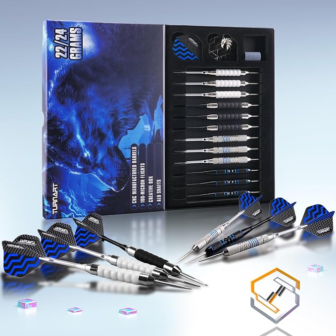 Turnart Darts Metal Tip Set - Steel Tip Darts Darts Set Professional Metal Darts 12 pcs 22/24 Grams Pro Dart Set with Stylish Case Aluminum Shafts Extra 9 Flights