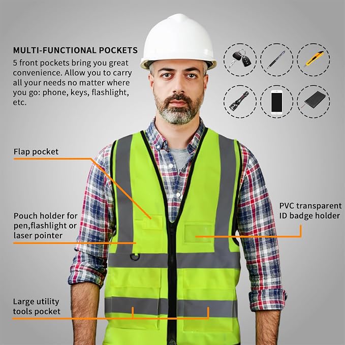 Safety Vests,Hi Vis Vest Reflective Vest with 5 Pockets and Zipper for Men Women, Neon Working Vest for Outdoor One Size