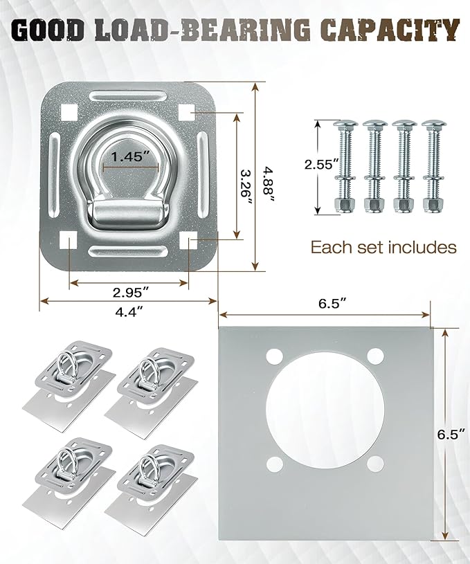 Recessed D Ring Tie Down Anchors 4 Pack (6,000 Lbs), Heavy Duty Trailer Floor Tie Downs and Anchor Points for Securing Cargo, Equipment, ATV, UTV, Truck – Silver